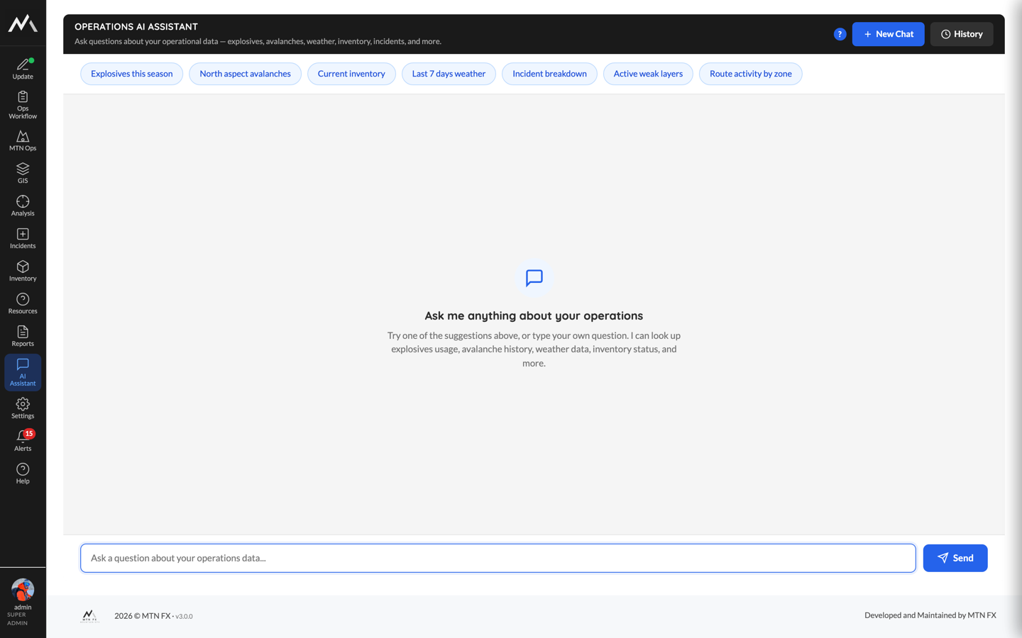 The Operations AI Assistant with suggested questions like product used this season, north aspect avalanches, and last 7 days weather